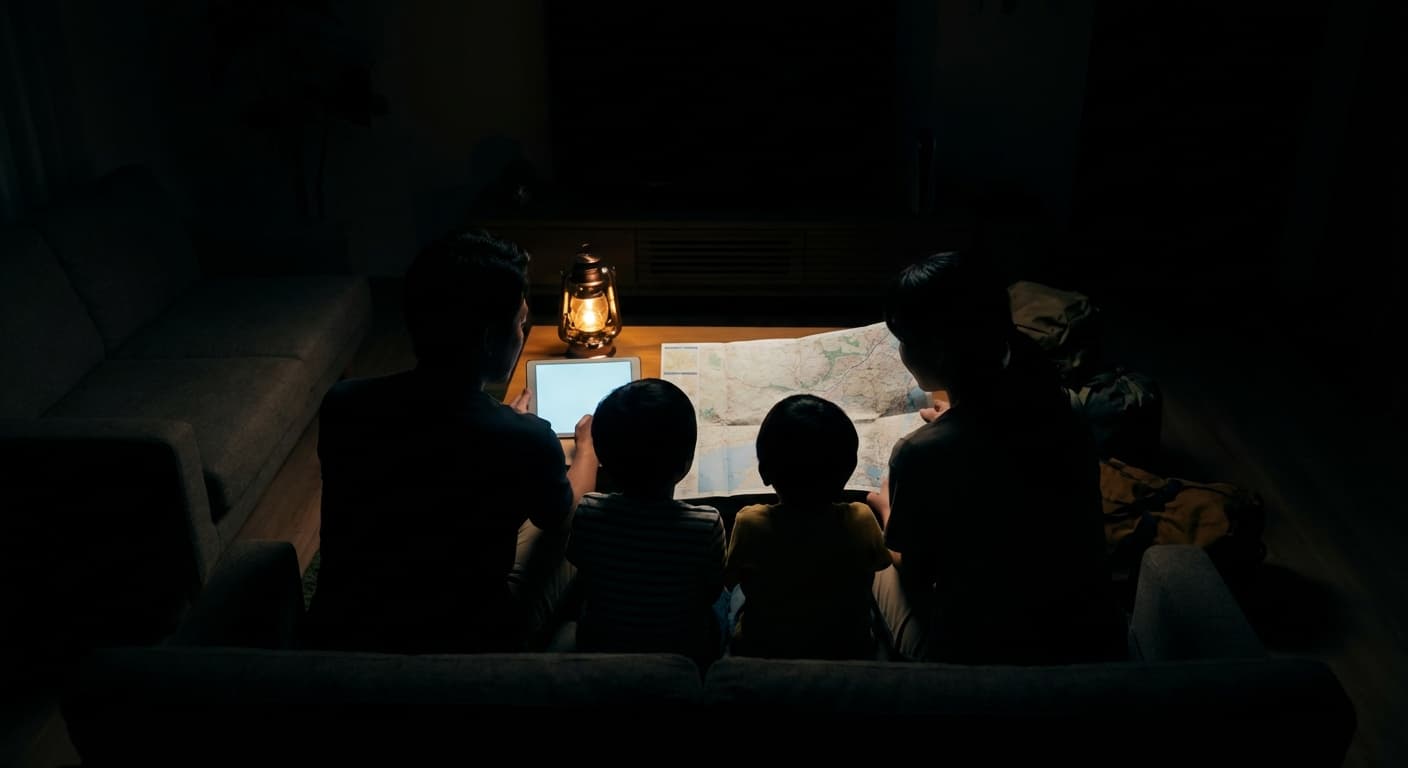 A household consulting a tablet and paper map together